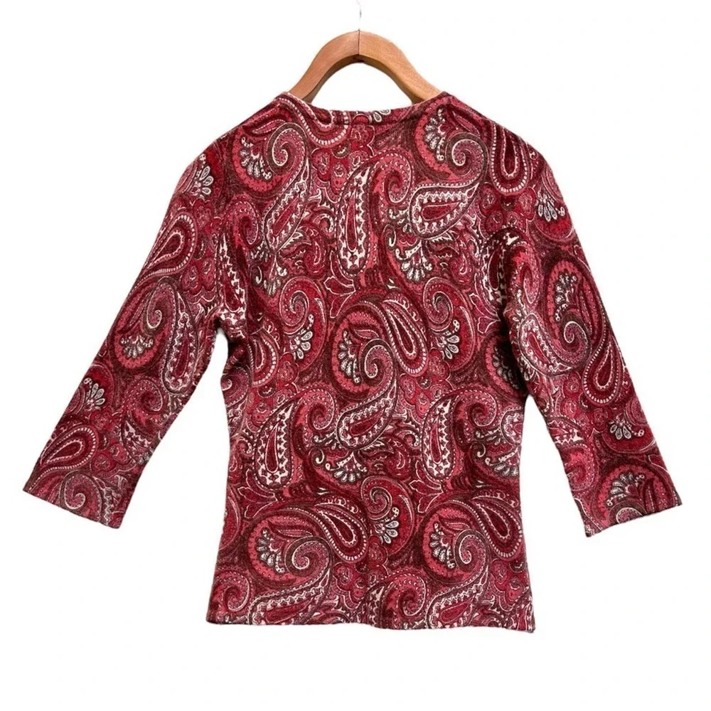 Tweeds Lambs Wool Angora Blend Red Pink Paisley 3/4 Sleeve Cardigan Size Small P